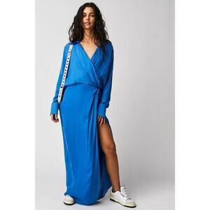 Free People Women’s Aida Collared Long Sleeve Silky Cobalt Blue Shirt Maxi Dress